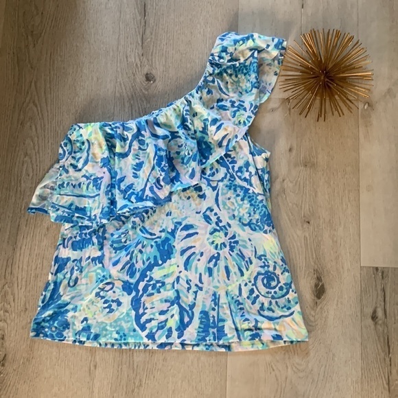 lilly pulitzer Matteo top blouse one shoulder ruffle blue salty seas print‎ xs - Picture 1 of 8